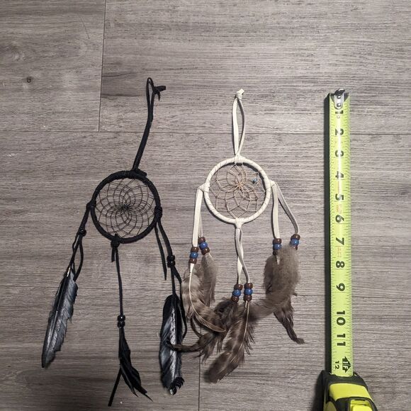 lot #105 Handmade set of 2 Leather Dreamcatchers with Feathers Beads Accents - Picture 6 of 7